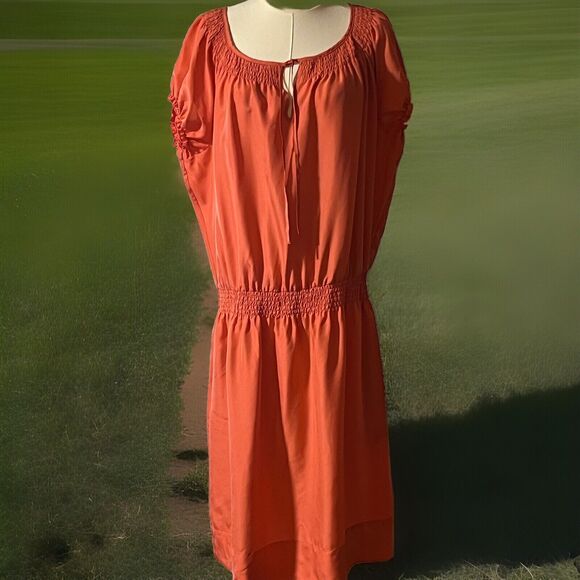 Talbots Drop Waist Dress XL Silk Peach Tie Front Short Sleeves Chic Classic - Picture 4 of 14
